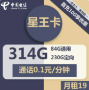 电信星王卡（19元套餐资费包84G通用+230G定向+通话0.1元/分钟）